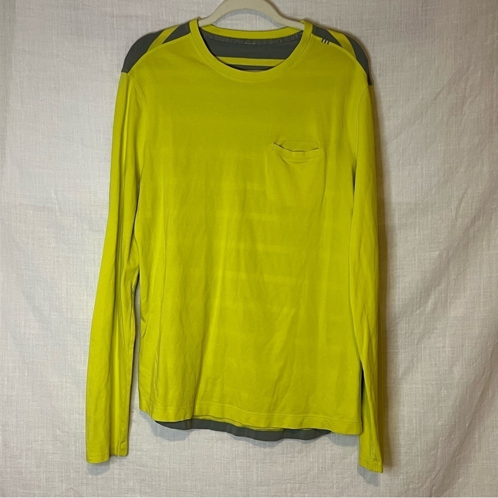 Lululemon In Your Element Neon Green Yellow Gray Stripe Long Sleeve Shir…